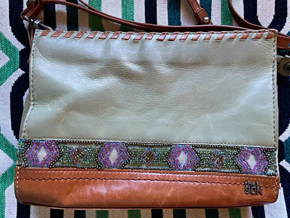 The Sak Green Brown Shoulder Bag Beaded Zip Closure Adjustable Strap Pockets